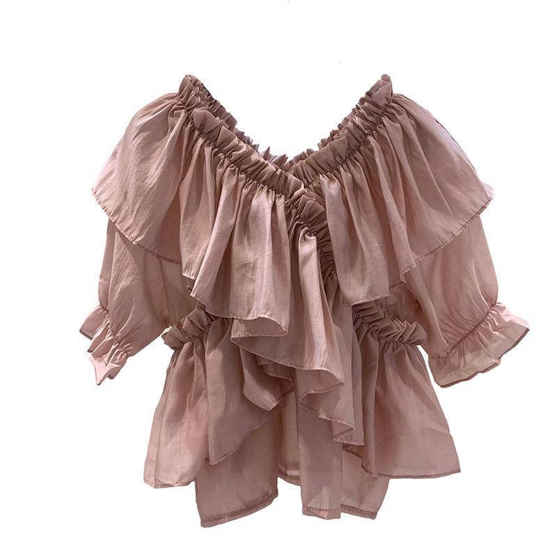 Bluză cu mânecă scurtă cu volane Top scurt de vară cu decolteu în V Cămașă verde