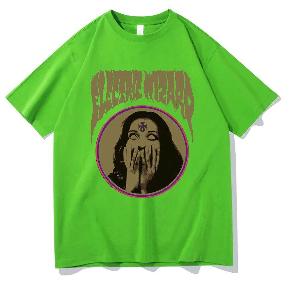 Elektryczny czarodziej opętany T-shirt z nadrukiem unisex kobiety rockowa koszulka z czystej bawełny okrągły dekolt w stylu casual, czarny t-shirty unisex czarny streetwear