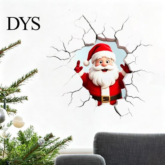 Realistic Christmas Glass Clings 3D Santa Claus Wall Sticker, Breaking Decal for Holiday Decoration, Creative Ornaments Waterproof PVC Art Indoor