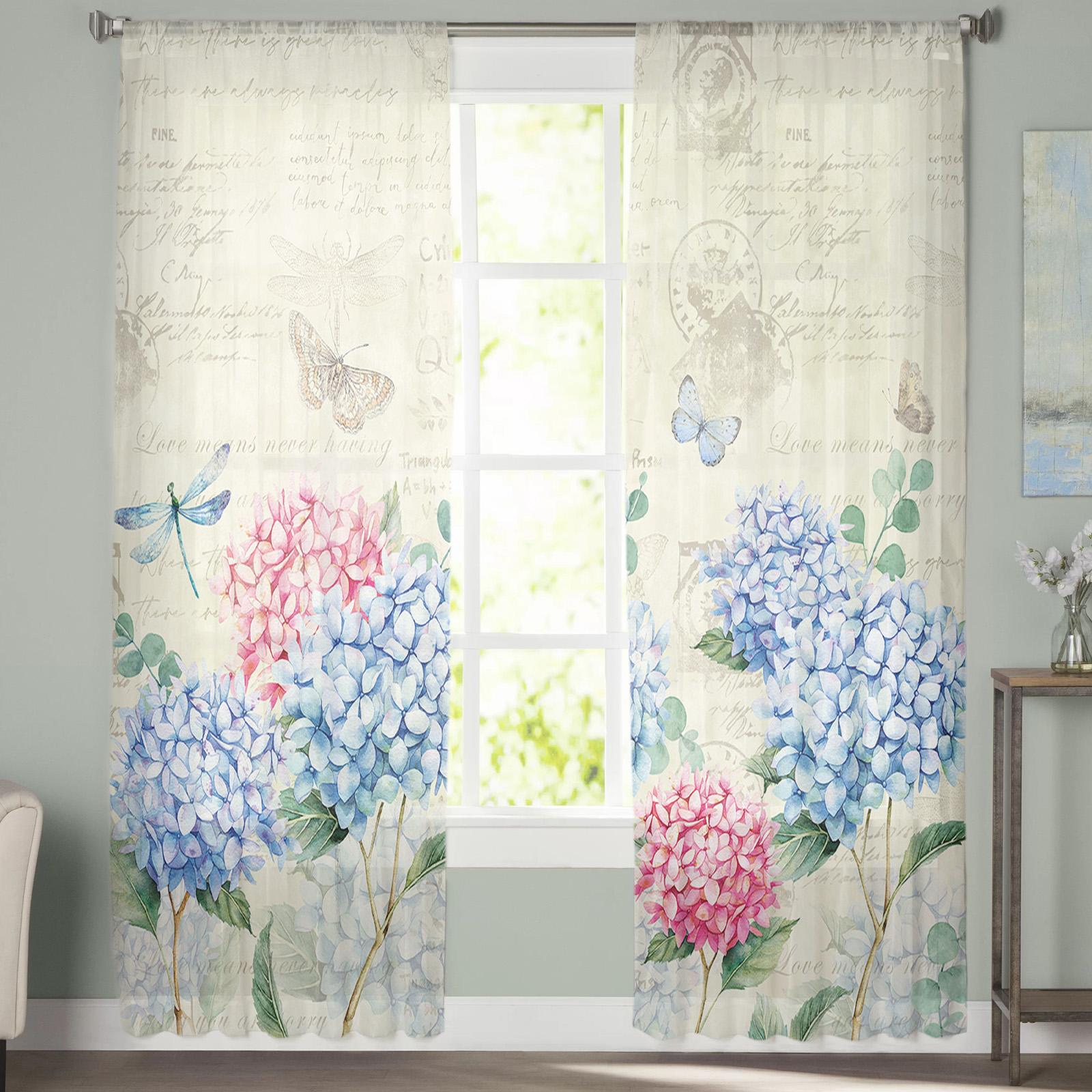 Весенние цветы гортензии Стрекоза винтажные прозрачные оконные шторы из вуали тюлевые — фото 4