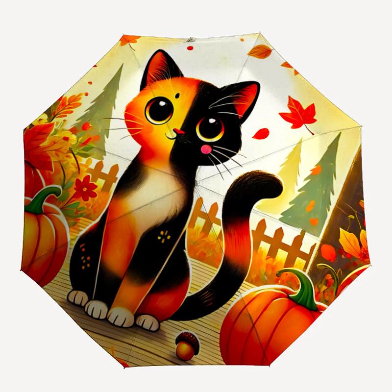 1pc Autumn Cat Automatic Folding Umbrella Portable Collapsible Umbrella for All Seasons, 8-Rib Durable Construction, Perfect Gift 030