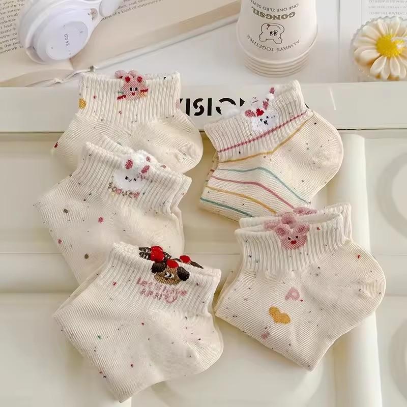 5 Pairs Dot Yarn Women Short Socks Fashion Cute Cartoon Pattern Spring/Summer Sweat Absorbing Breathable Casual Socks