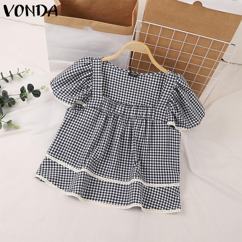 

VONDA Женские летние блузки с квадратным вырезом и кружевом в клетку с коротким рукавом чёрный