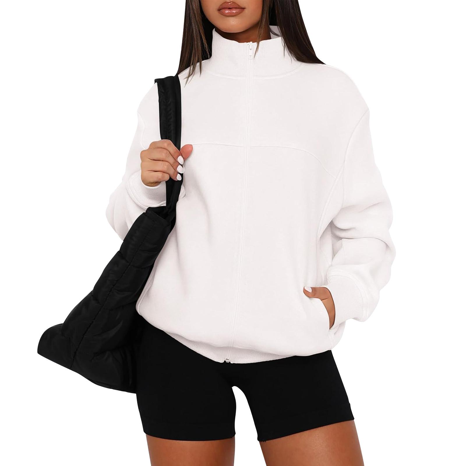 

Женская осенняя модная толстовка на молнии с длинным рукавом, свободная модная повседневная куртка с карманами XL белый