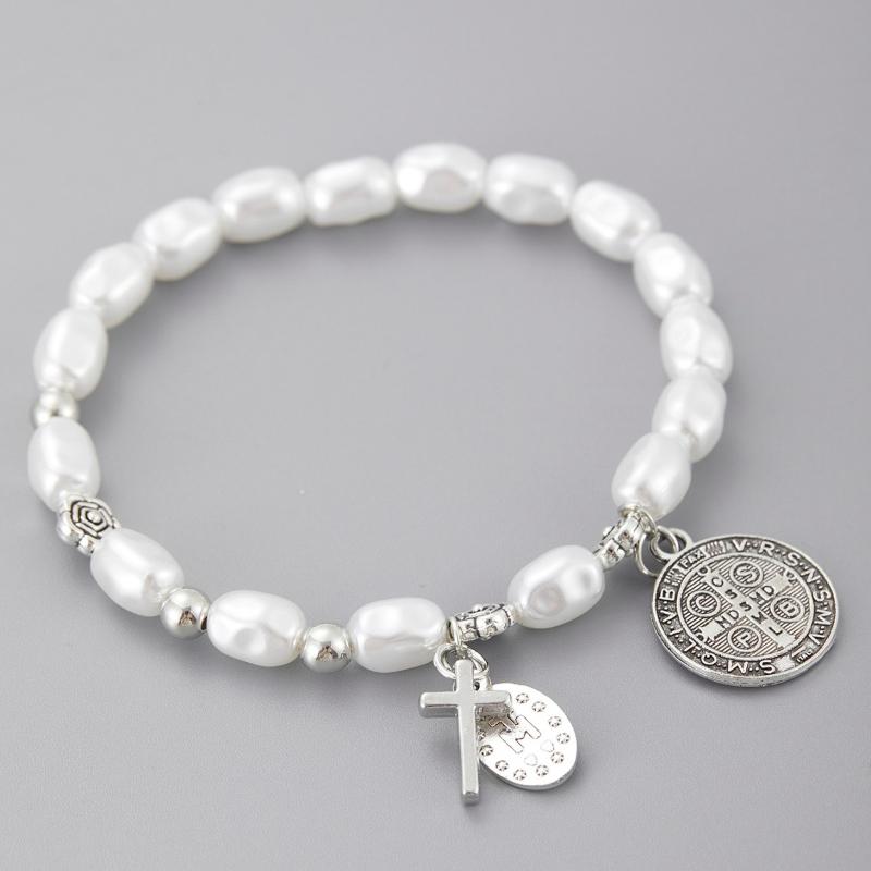 Bohemian Cross Religious Pendant Imitation Pearl Beaded Elastic Bracelet Women's Fine  Jewelry Anniversary Women's Gift