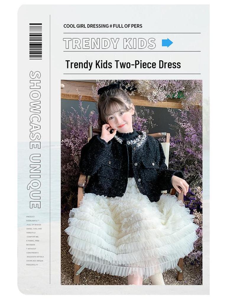 2025 Girls' Autumn Princess Cake Dress Set - Little Fragrant Style with Gauze