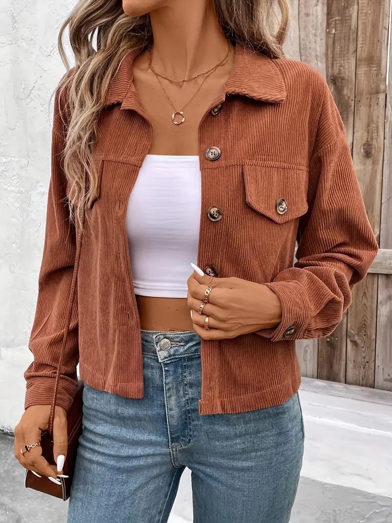 Women Casual Long Sleeve Buttoned Corduroy Jacket Retro Style S коричневый