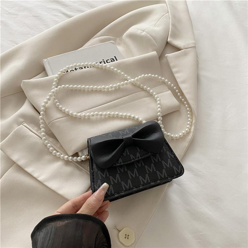 Solid Color Xiaoxiangfeng Children's Pearl Handbag Baby Cute Bow Chain Bag Diagonal Span Small Square Bag