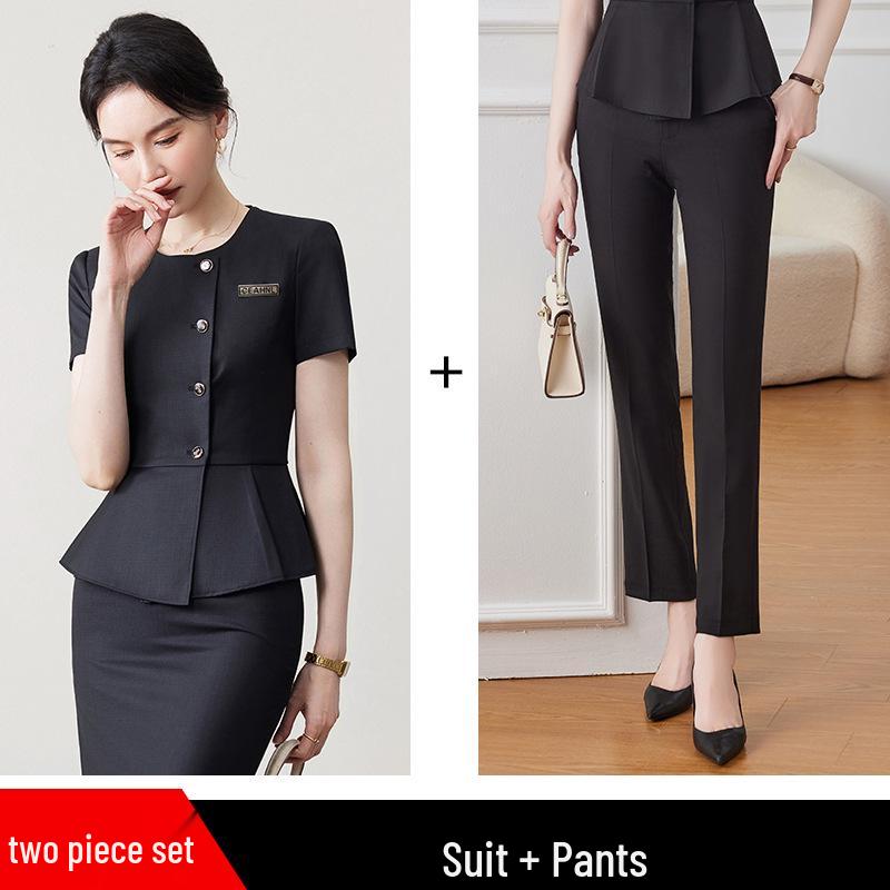 Women's Professional Ruffled Suit Set - Short-Sleeved, Cinched Waist for Hotel Reception Businesswear