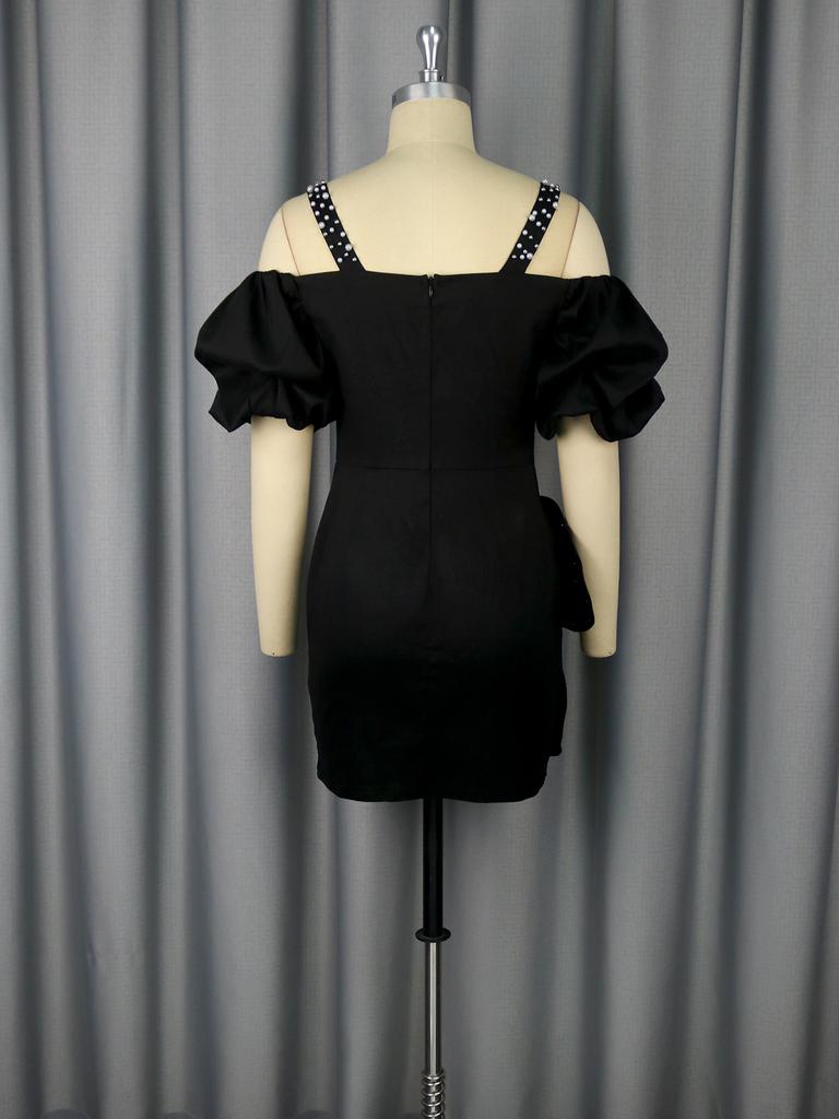 Black Off Shoulder Mini Dress with Puff Sleeves Rhinestone Decorated Straps 3D Flower Embroidered Flares Hip Bodycon for Party