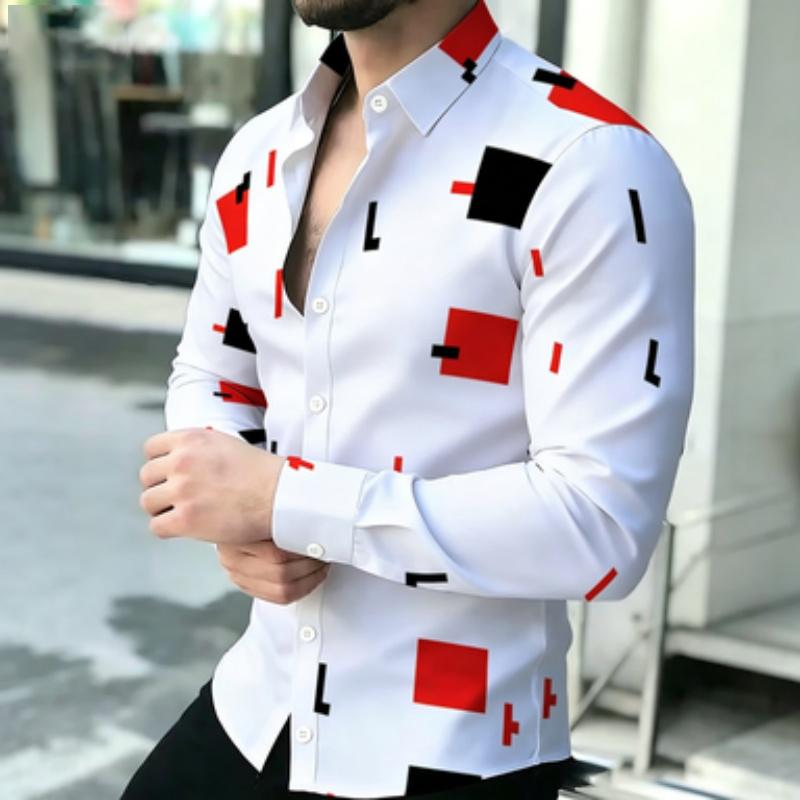 Men's short sleeved shirt, European and American men's geometric square long sleeved shirt, lapel contrasting color block printe