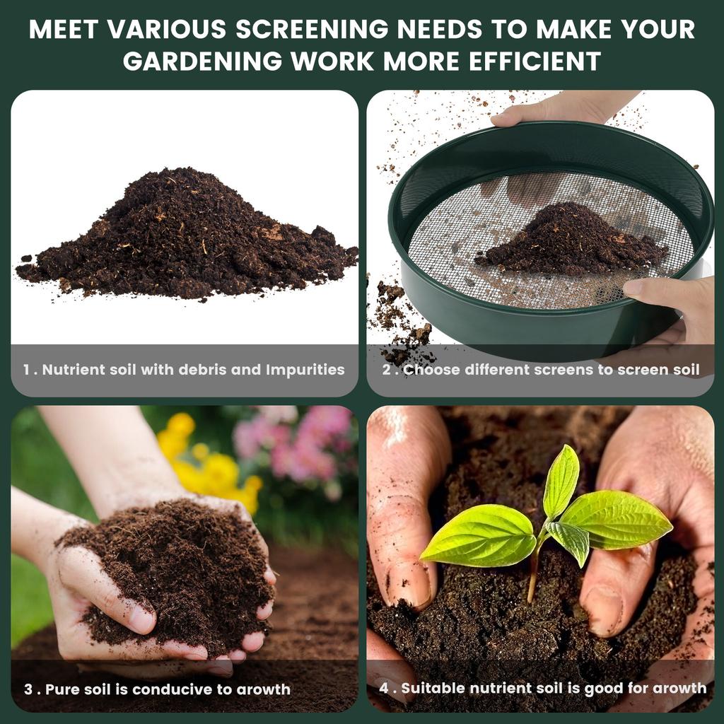 Soil Sifter 11.8inch Portable Metal Garden Sieve with 4 Interchangeable Filter Mesh Sizes 3/6/9/12mm Multifunctional Dirt Sifter