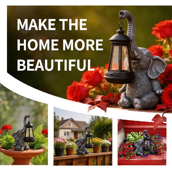 Solar Elephant Statue Outdoor Garden Decor - 10" Resin Elephant Figurine with Hanging Solar Lantern, Waterproof Patio Yard Art, Lucky Elephant Gifts