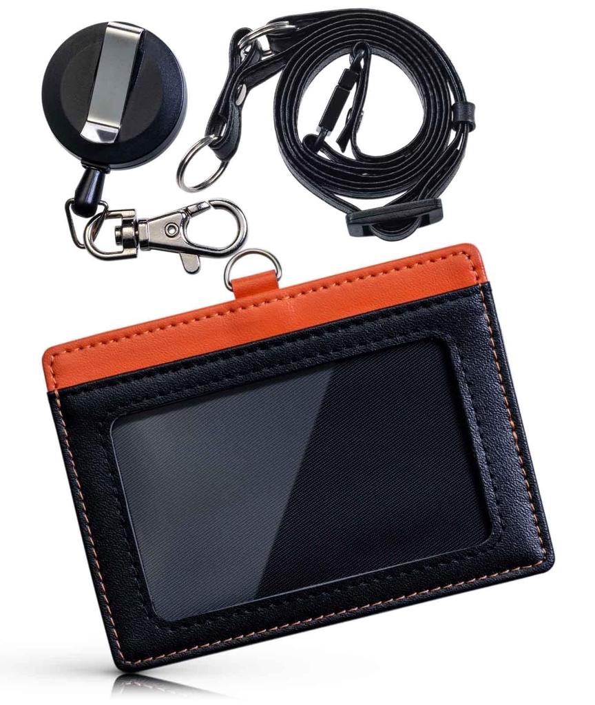 ID Card Carefully Selected Cowhide Leather with Stretchable Pass Card Neck Rakuporte Men's Holder, Clip, Reel, Case, Case, Strap,