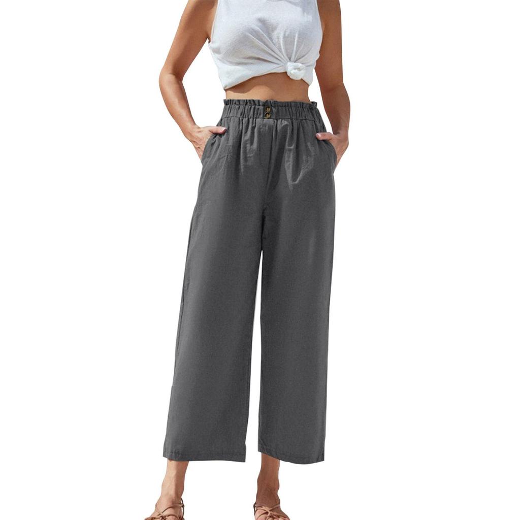Women's High-waisted Ruffled Elastic Waist Cotton And Linen Cropped Casual Pants