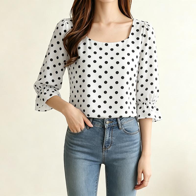 ZANZEA Women Polka Dot Print Casual Round Neck 3/4 Sleeve Elegant Blouse S абрикосовый