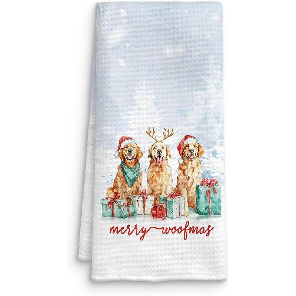 Winter Christmas Golden Retriever Kitchen Towels, Gifts for Golden Retriever Lovers Dish Tea Towels for Kitchen Decor, Holiday Xmas Dog Decorative Golden Retriever