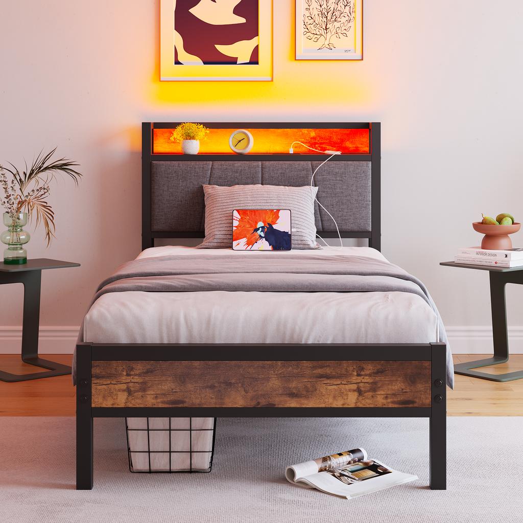 90x200cm bed frame with LED lights, storage headboard with USB charging, heavy duty metal slat support, noise-free, assembly, no box spring required