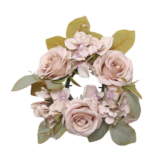 Artificial Rose Wreath Candle Ring Realistic Mini Faux Rose Garland with Plastic Base Candle Wine Decoration Weddings Party Dining Table Centerpiece