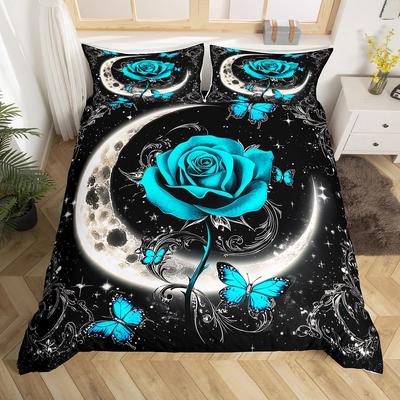 Rose Flower Bedding Set Twin KingGalaxy Moon Rose Duvet Cover Set For Boys Girls Room DecorValentine'S Day Floral Quilt Cover