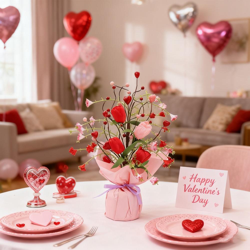 Red Artificial Tulip Flowers Compact For Table Centerpiece for Indoor Decoration Living Room and Dining For Table