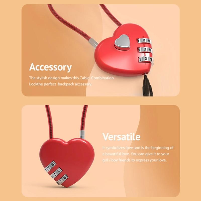 Zinc Alloy Wire Rope Password Lock Mini Love Heart Shape Password Padlock Travel Luggage Package Password Lock
