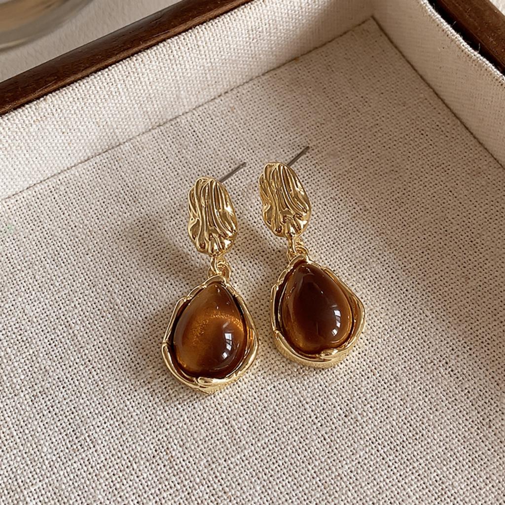 Vintage Brown Color Tiger Eye Stone Square Stud Earrings Punk Geometric Irregular Round Waterdrop Earrings For Women Men Jewelry