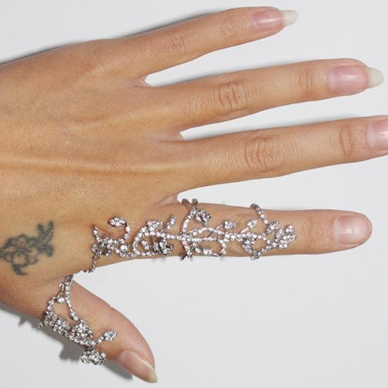Shining Decorative Double Finger Rings Full Rhinestone Rose Flower Chain Link Rings Jewelry Gift