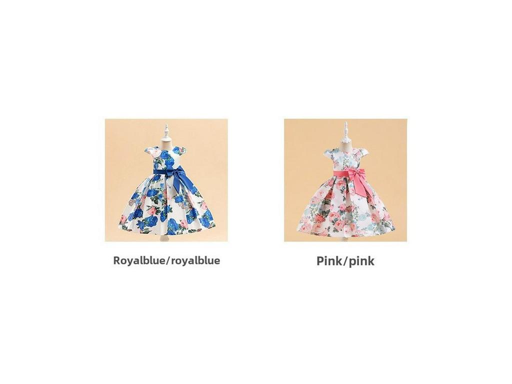 European-American Floral Print Bow Princess Dress for Girls