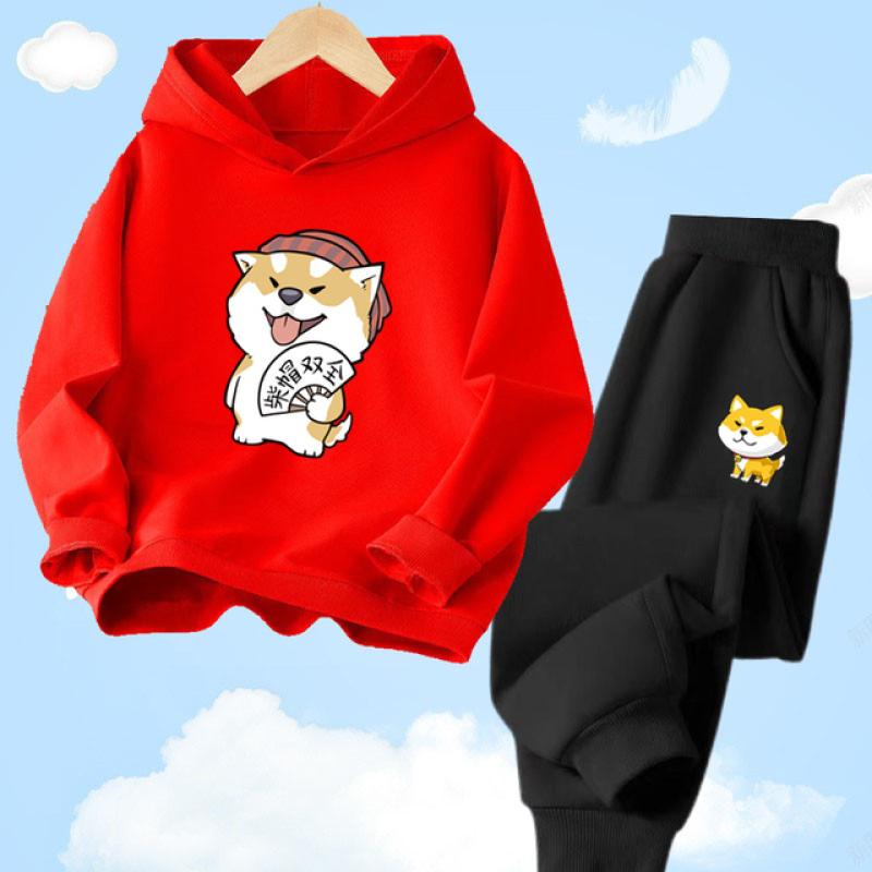 Shiba Inu søt hettegensersett med hundetrykk for barn Vår Høst Langbukser Joggedress Sportsklær Hettegensersett