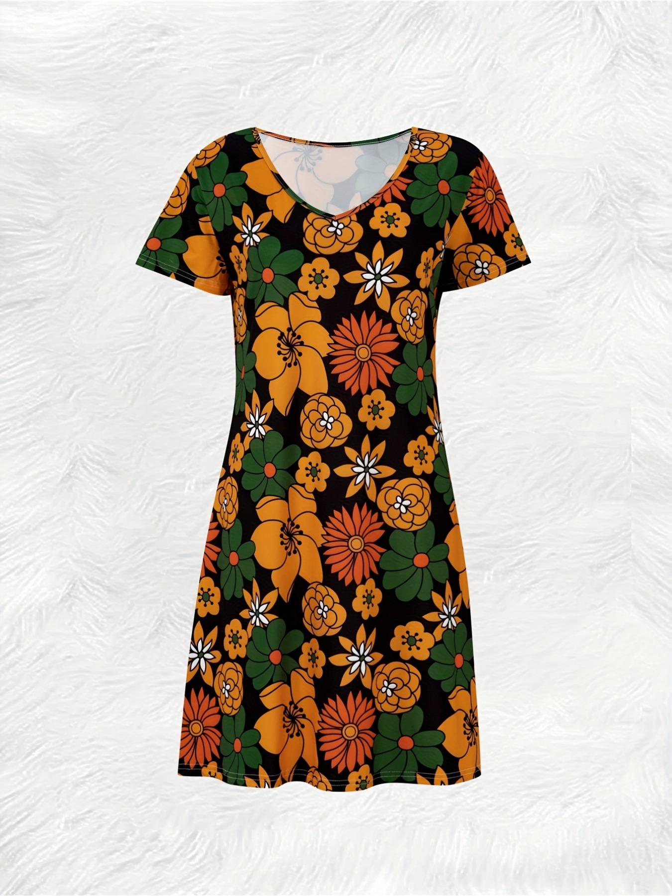 

Vintage Floral Print Sleeveless V Neck Dress for Women Summer Casual A Line Midi Dress Orange Green Tropical Pattern Modest 6XL