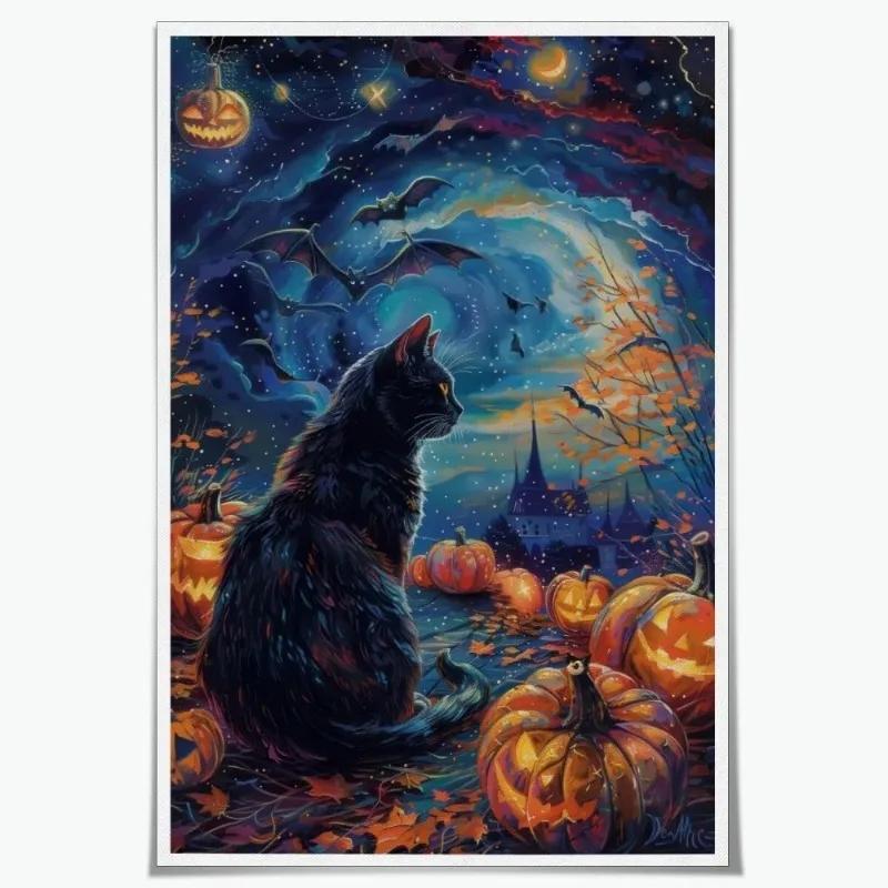 2D 1pc Black Cat Pumpkin Halloween Canvas Painting - Unframed Wall Art with Bat, Castle Starlight
