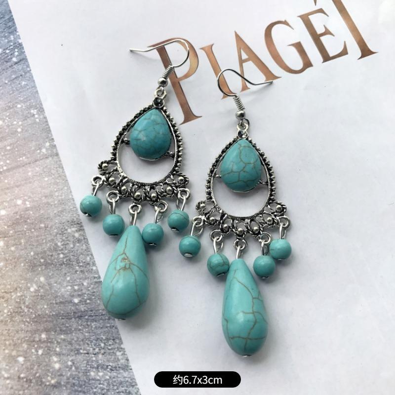 Temperament Retro Turquoise Earrings, Ancient Silver Water Drop Fringed Earrings, Women's Versatile Long Ear Jewelry