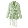 Womens Striped Collared Blazer With Detachable Fringe Belt Cotton Blend Korean Style Jacket