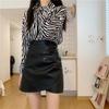 Autumn Women's High Waist Pleated A-Line Black Mini Leather Skirt - Plus Size Bodycon with Anti-Exposure Design