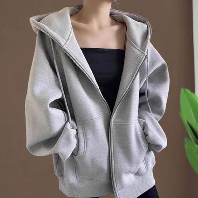 Autumn Spring Women Coat Hooded Drawstring Long Sleeves Pockets Zip-up Elastic Cuff