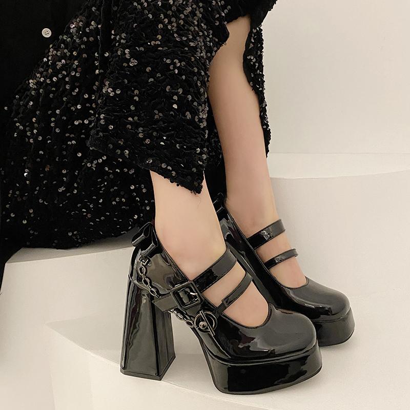 Fashion Women's Thick Heel Shoes Winter New Round Head Shallow Mouth Metal Chain Thick Sole Anti-slip Wear-resistant High Heels