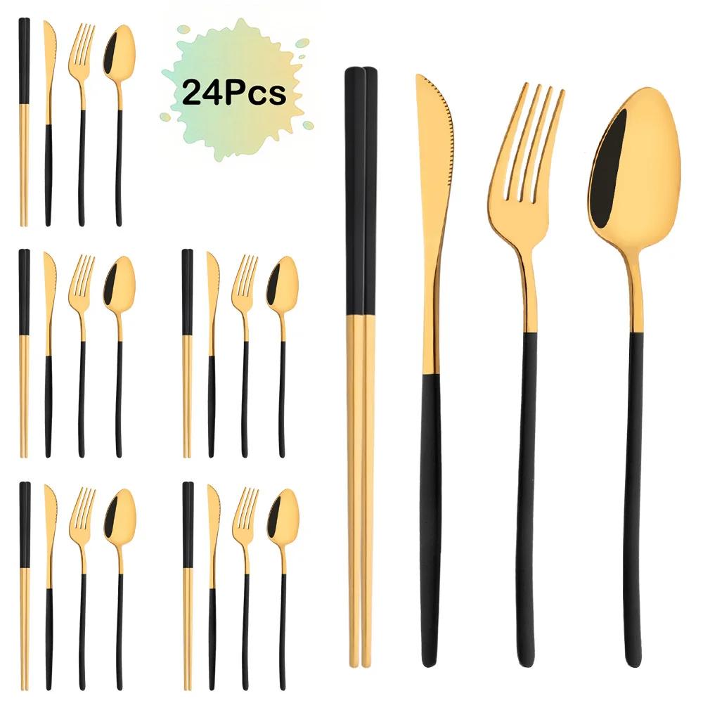 Korean 24Pcs Tableware Set High Quality Stainless Steel Black Dinnerware Knife Fork Spoon Chopsticks Flatware Cutlery Set