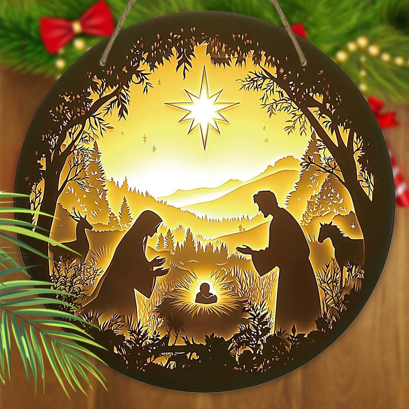 Nativity Wooden Christmas Sign - Jesus Navidad Round Sign for Front Door Wall Hanging Decor - Ideal Christmas Decoration