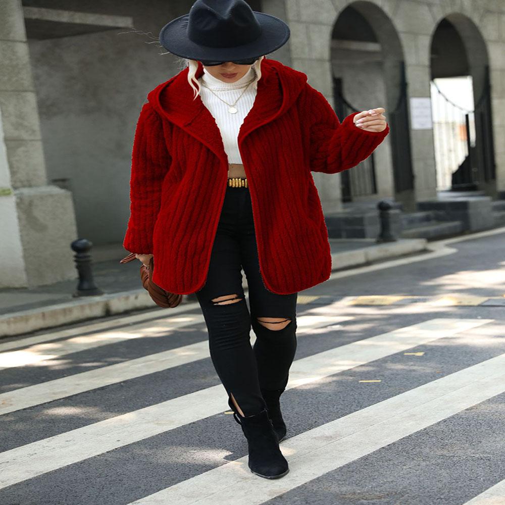 

Женская куртка из флиса и шерпы на молнии с капюшоном и карманами, осень-зима XS красный