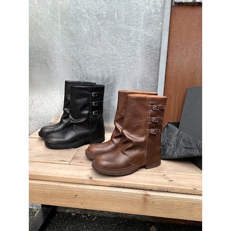 Cowhide version thick-soled Martin boots women's retro western cowboy boots metal buckle thick heel medium tube pants tube boots square head 