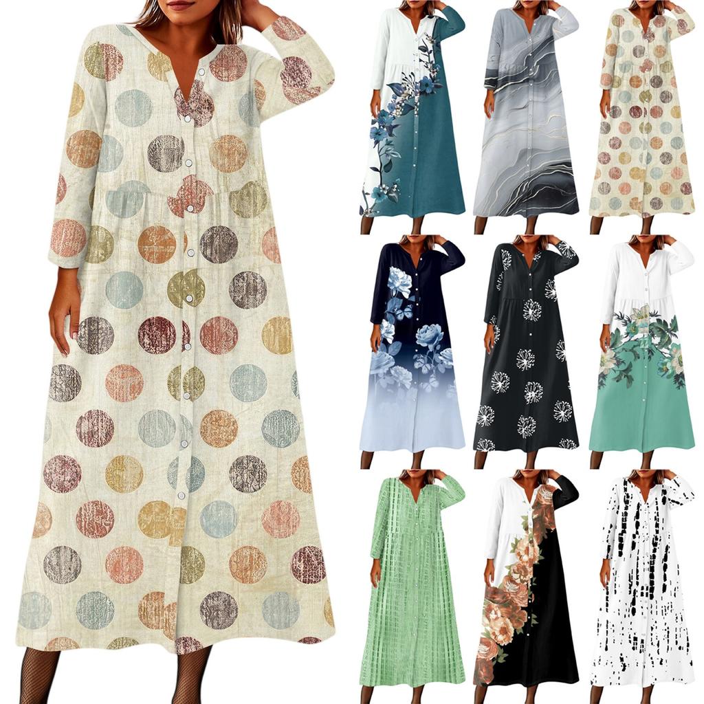 Dame Mote Trykket Rund Hals Syv Kvart Erm Knapp Løs Skjortekjole