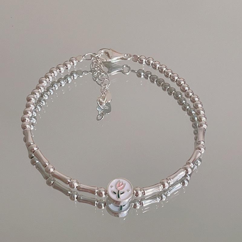 925 Sterling Silver Dripping Glaze Round Bead Tulip Bracelet For Women Flowers Temperament Jewelry Party