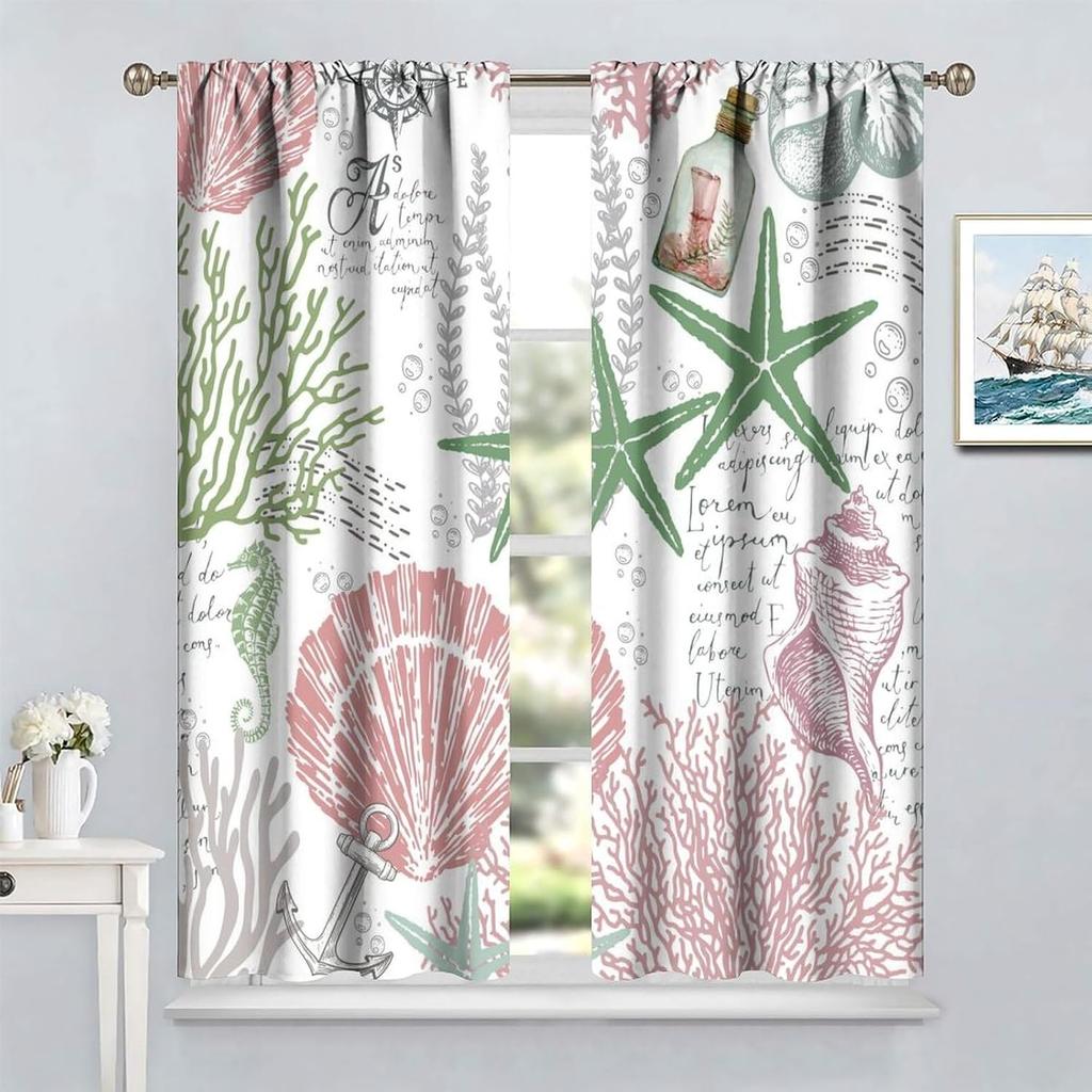 Nautical Ocean Beach Curta,Pink Green Seashell Starfish Coral Coastal Cafe Curta Marine Window Treatment Drapes Home Decor