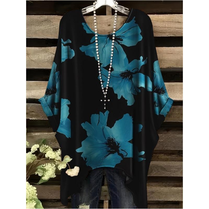 Camiseta de Mujer 2026 Estampado Floral Vintage Dobladillo Asimétrico Cuello Redondo Manga Corta Top Moda Casual Calle Exterior