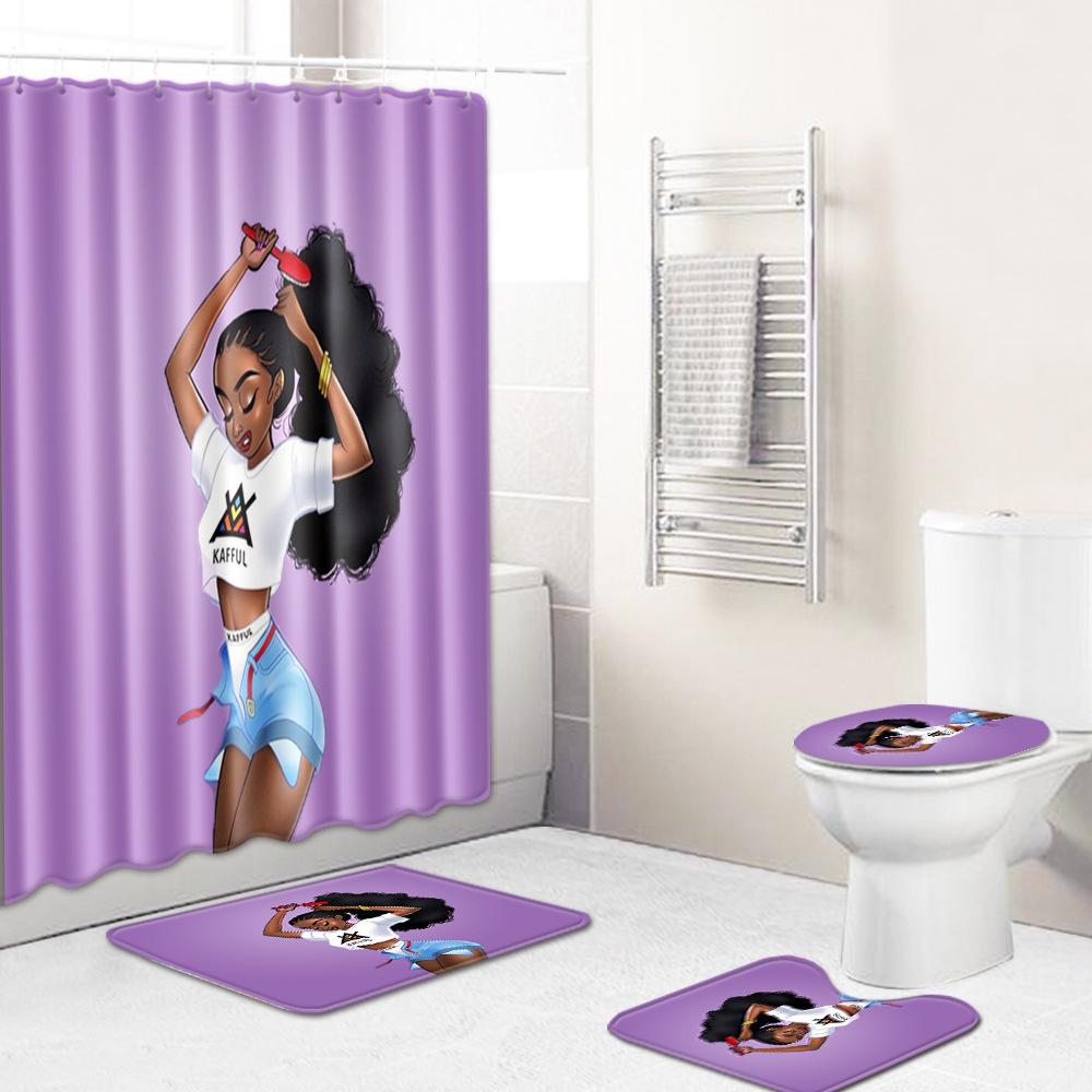 Shower Curtain Floor Mat Set African Woman E-Commerce Bathroom Carpet