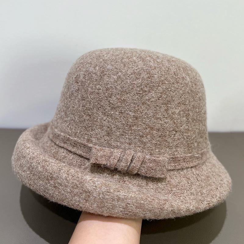 Korean Style Wool Felt Cloche Hat for Women - Retro Autumn/Winter Bow Fisherman's Hat