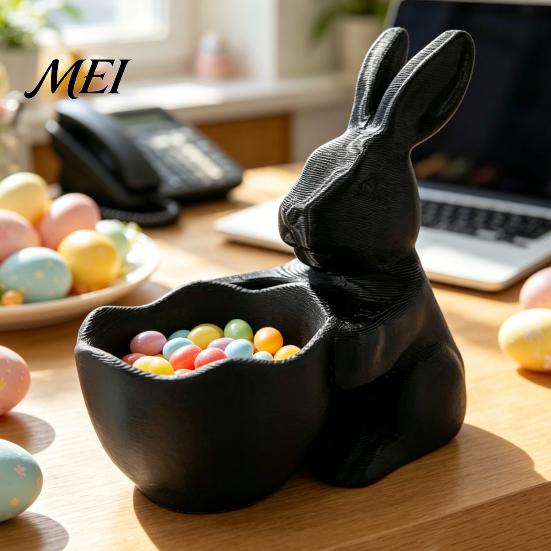 Kids Craft Paintable Bowl 3D Printed Easter Bunny Candy Bowl, Cute Rabbit Holding Figurine, DIY White Desk Smooth Surface Decor for Living Room