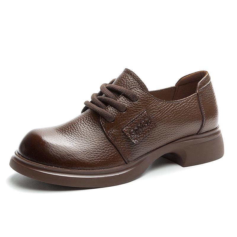 Autumn Women's Single Shoes Lace-Up Soft Cowhide Shoes Thick Mid-Heel Soft Sole All Season Deep Mouth Shoes
