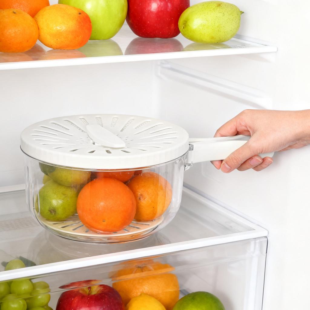 Double Layer Fruit Drainer Basin Beige Foldable Handle Plastic Vegetable Washing Basket Kitchen Fridge Storage Container